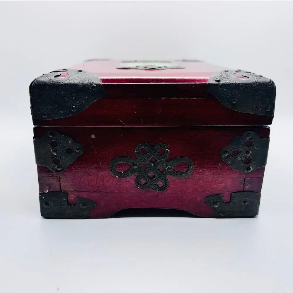 Chinese Hangzhou Wood Jewelry Box Carved Green Stone Metal Hardware